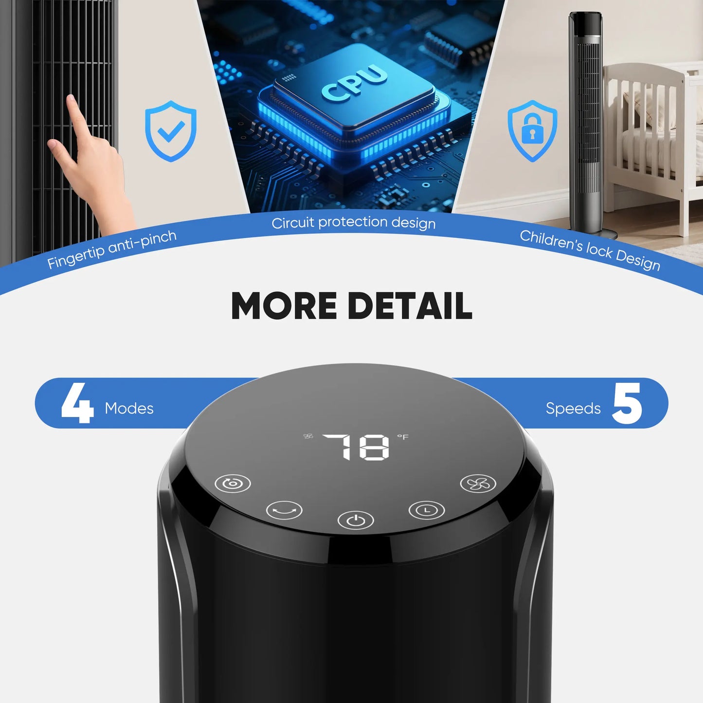Tower fan for bedrooms, 28dB silent floor fan, suitable for home and office use.