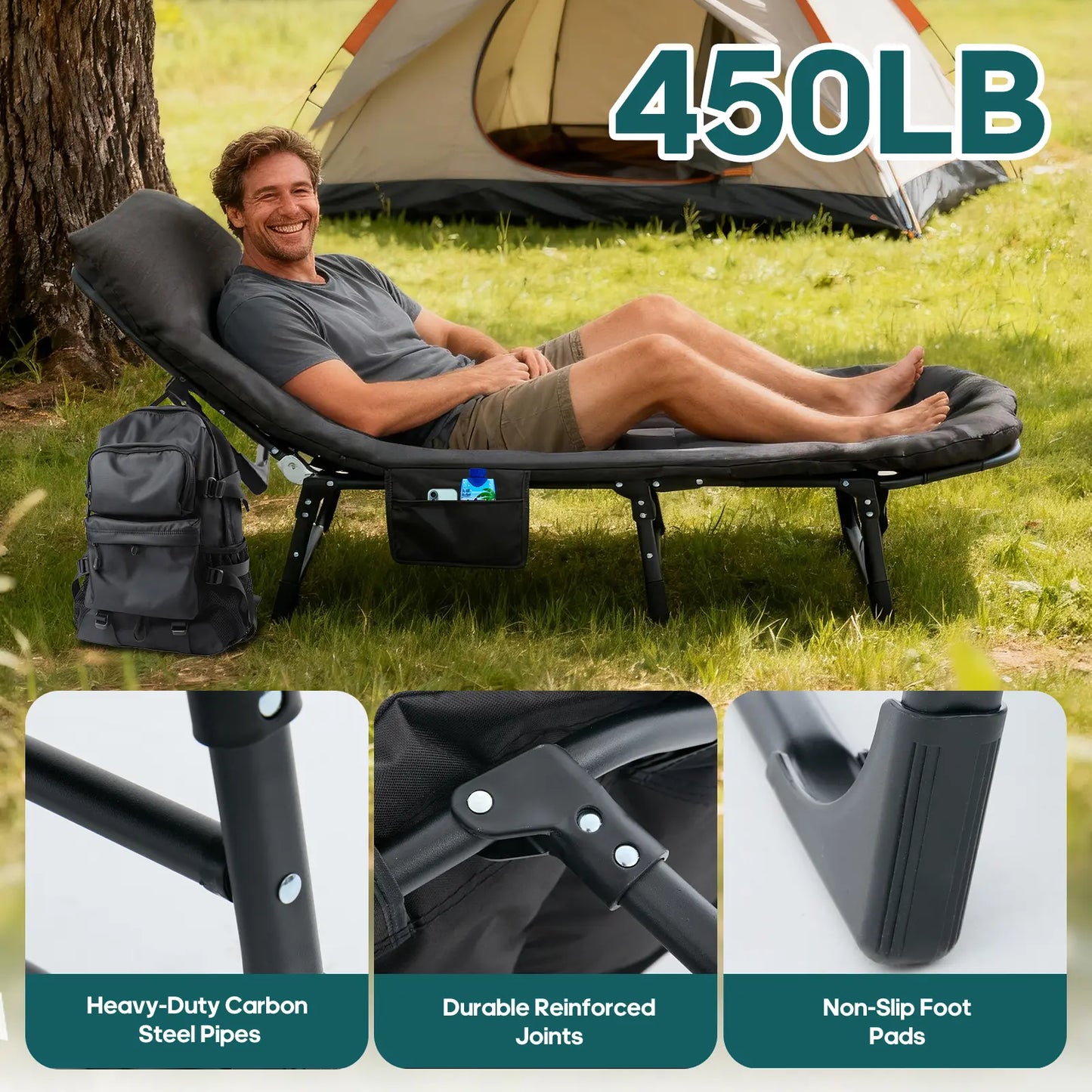 Adult camping bed, 6-position adjustable folding camping bed